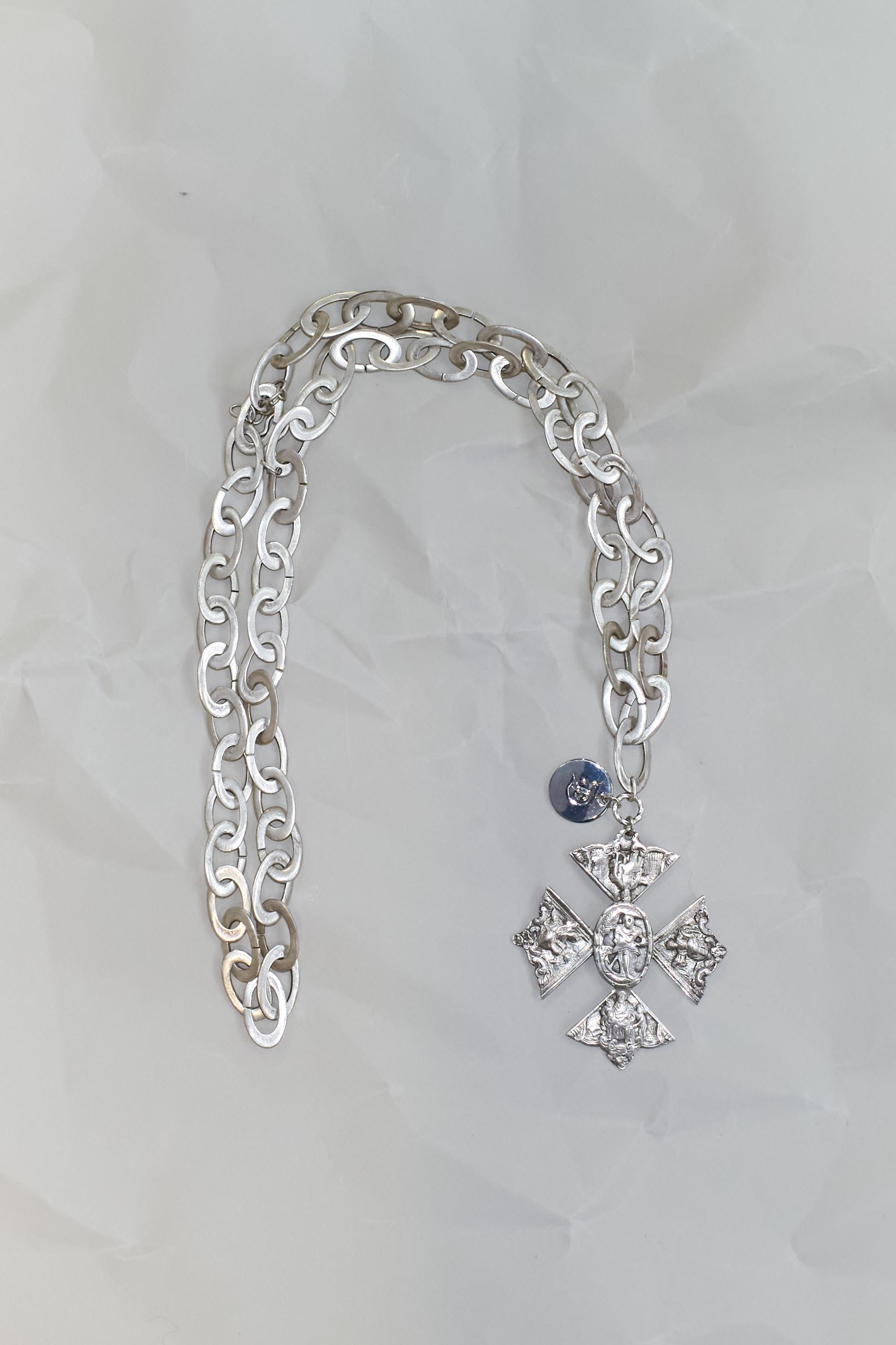 Antique Silver Maltese Cross Orthodox Icon Necklace